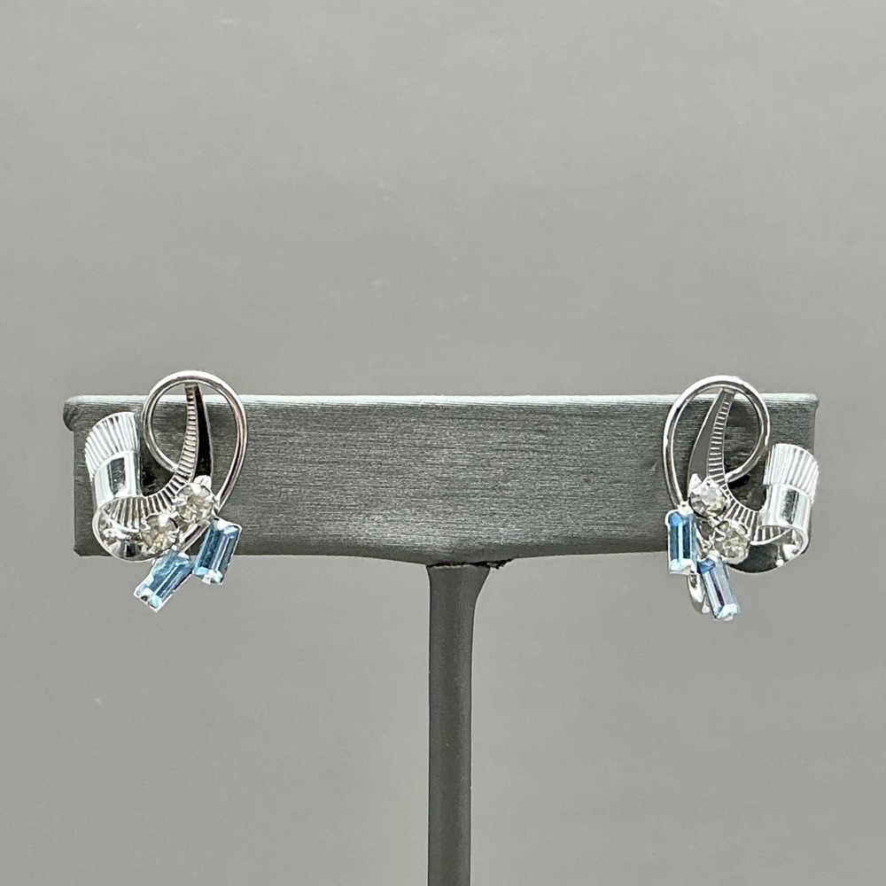 Carl Art Earrings Vintage Sterling Silver Blue Rhinestone Ribbon Screw Back
